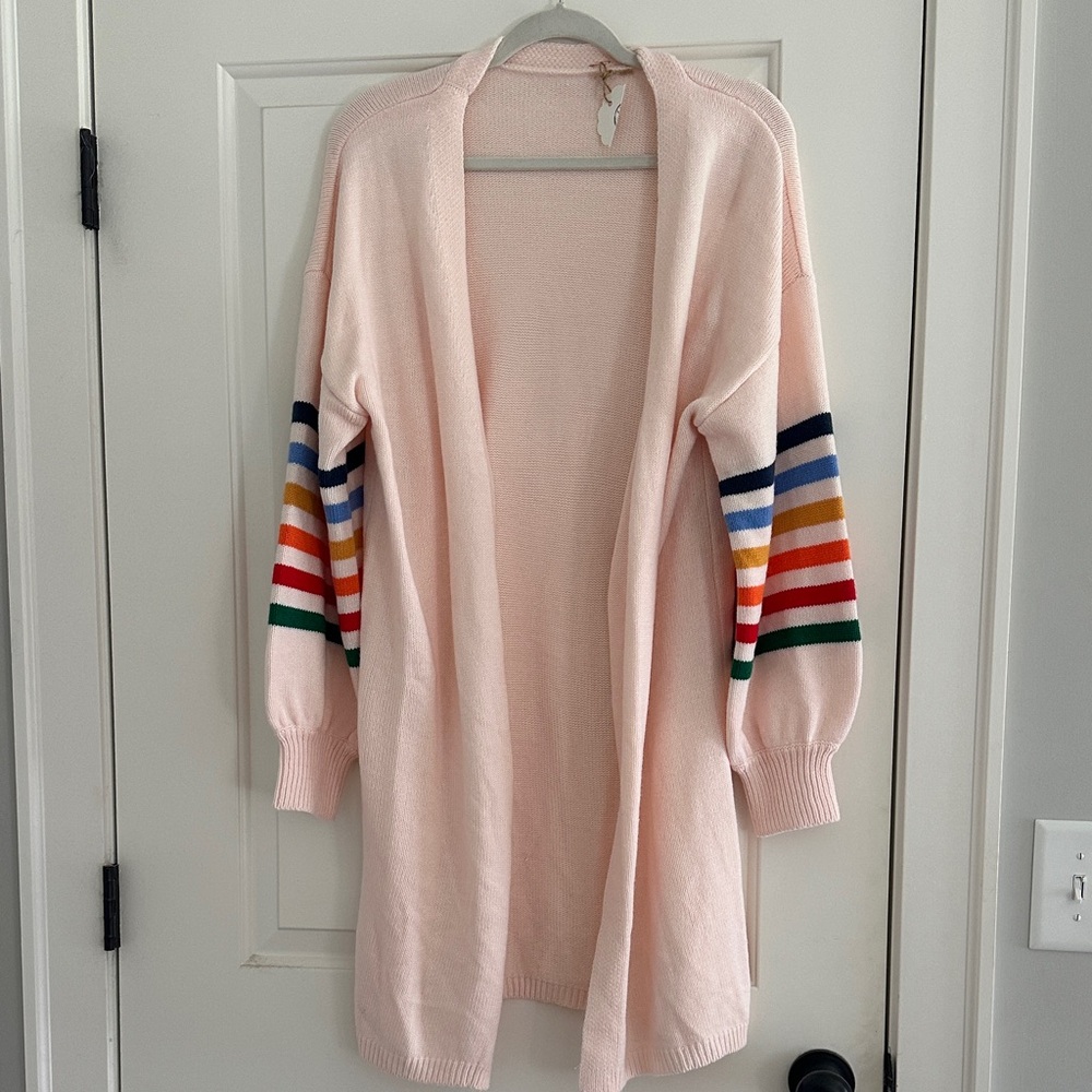 NWT Long Pink Cardigan with Striped Sleeves - Picture 2 of 6
